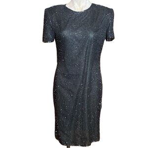 Vintage JMD New York silk black beaded dress opalescent multi color beads Sz S